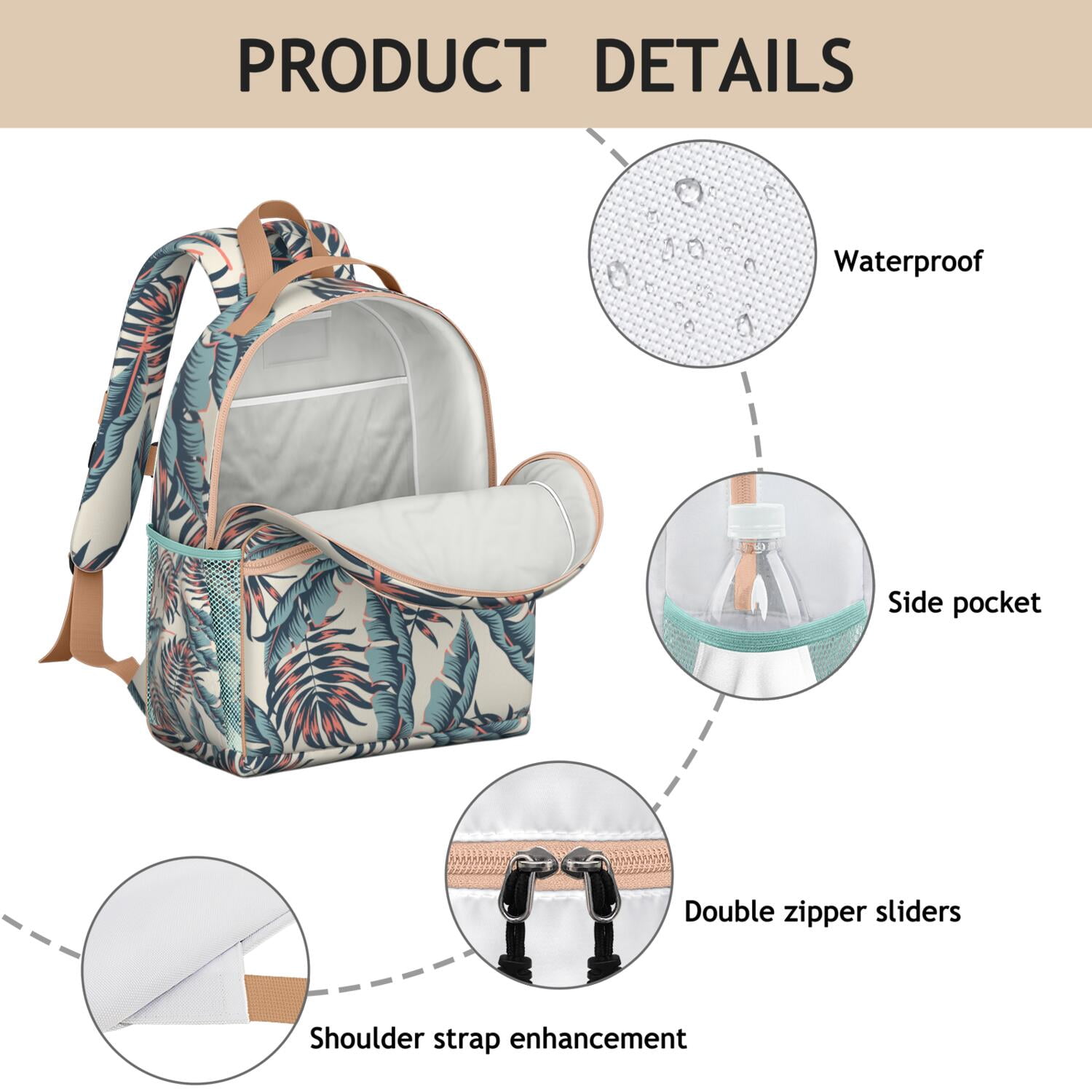 Floral Waterproof Travel Backpack - Adjustable Durable Daypack with Multiple Pockets for Teens & Commuters