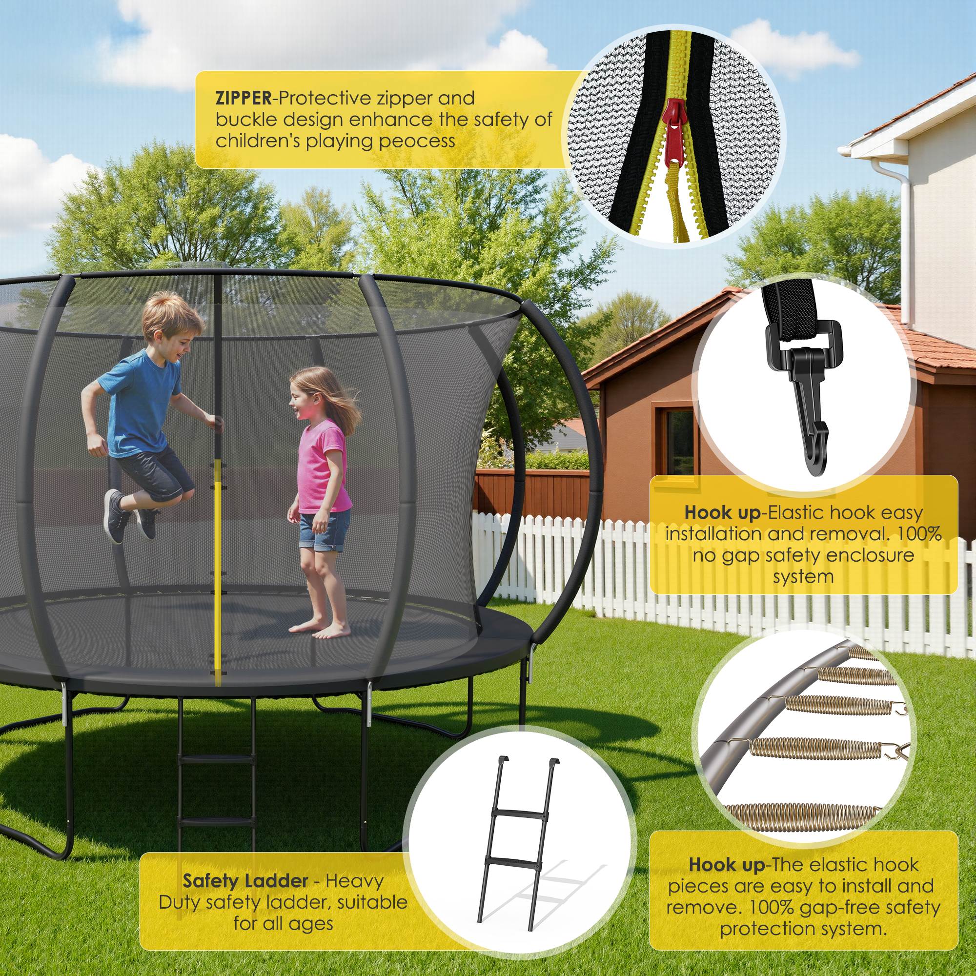 Marknig 10FT 12FT 14FT Trampoline with Safety Enclosure Net and Ladder for Kids and Adults, Outdoor Round Trampoline with Spring Padding, 330-450LBS Weight Capacity(Black)