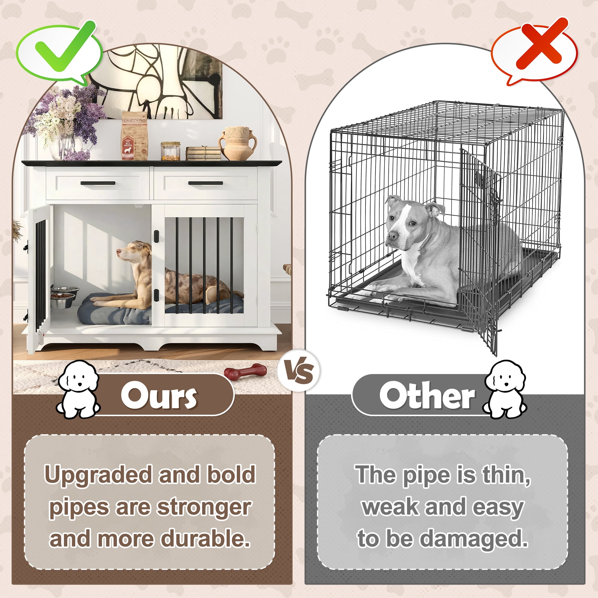 Euroco 44" Large Dog Crate Furniture, Wooden Indoor Dog Kennel End Table with Storage Shelf, 2 Drawers and Rotating Bowls, Dog Crate Cage House for Medium Dogs,White