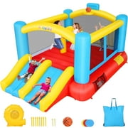 Adnoom Inflatable Bounce House, Children's Indoor/Outdoor Jumping Castle with 470W Blower, Compact Inflatable Bounce Castle with Double Slide, Basketball Hoop for Kids 3-10 Years