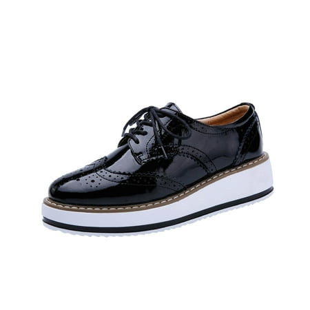 Hvyesh Women s Classic Oxfords Lace-up Shoes Thick Soled Leather Business Formal Dress Shoes Square Toe Walking Shoes