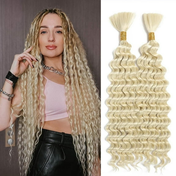 Blonde Human Braiding Hair 18" 100g 2 Bundle,Deep Water Wave Bulk Hair for Boho Braids, Wet and Wavy Extensions,No Weft, Curly Micro Braiding