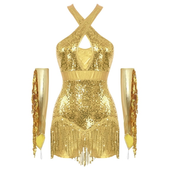 Kaerm Women 2Pcs Glittery Latin Dance Outfit Cross Front Tassel Leotard with Metallic Gloves Gold M