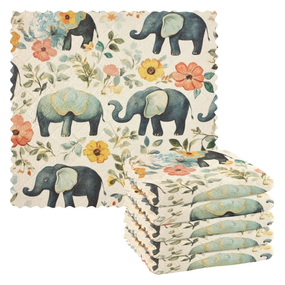 6 Pieces of Kitchen Towels 11x11Inch Kitchen Dish Cloths Kitchen Dish Towels Reuseable Cleaning Cloths Green Elephant Pattern