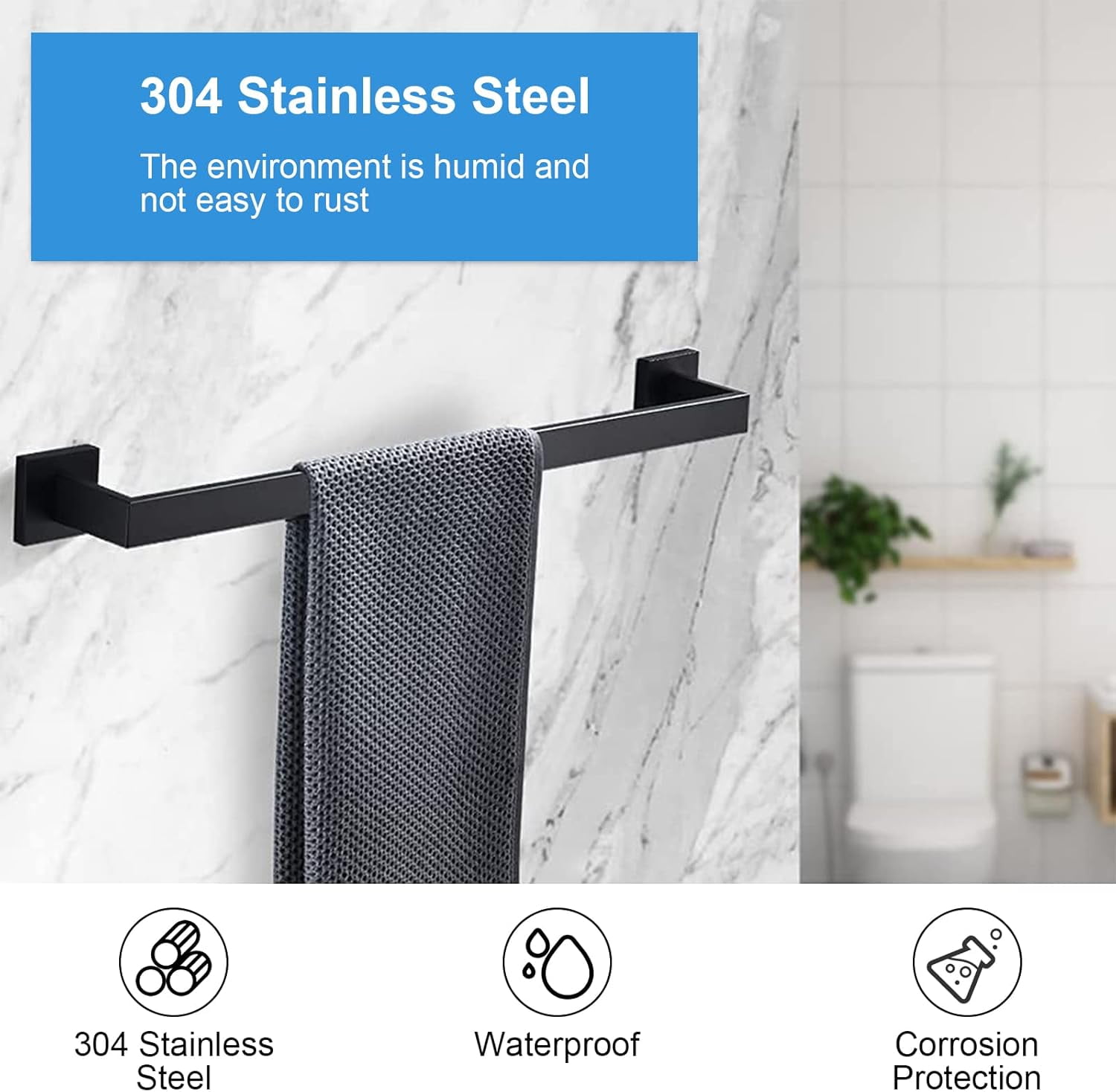 stusgo Matte Black 5-Piece Square Bathroom Hardware Set with Towel Bar, Hook, Toilet Paper Holder and Ring（Black）