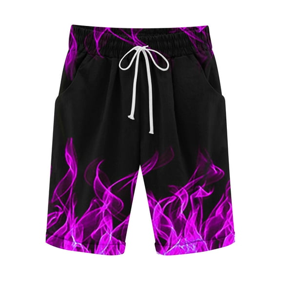 Dovford Cotton Linen Shorts for Men Flame Printed Lightweight Beach Shorts Drawstring Elastic Waist Casual Shorts with Pockets