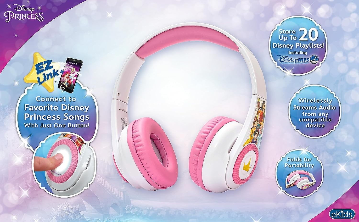 eKids Disney Princess Bluetooth Headphones with EZ Link+, Wireless Headphones with Microphone and Audio Cable, Kids Headphones for School, Home, or Travel