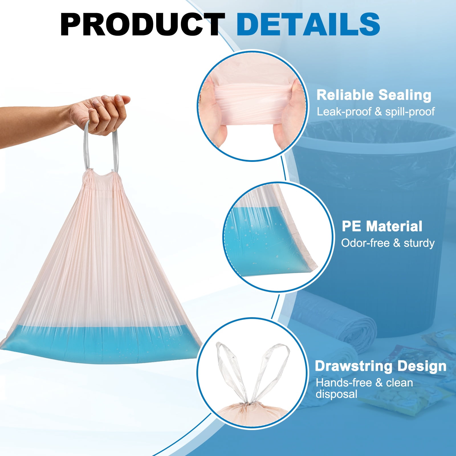 Uxcell 80 Count Trash Bags with Drawstring, 5.2 Gallon 20" Garbage Bags Unscented Tear-Free Design for Home Office Kitchen, Pink