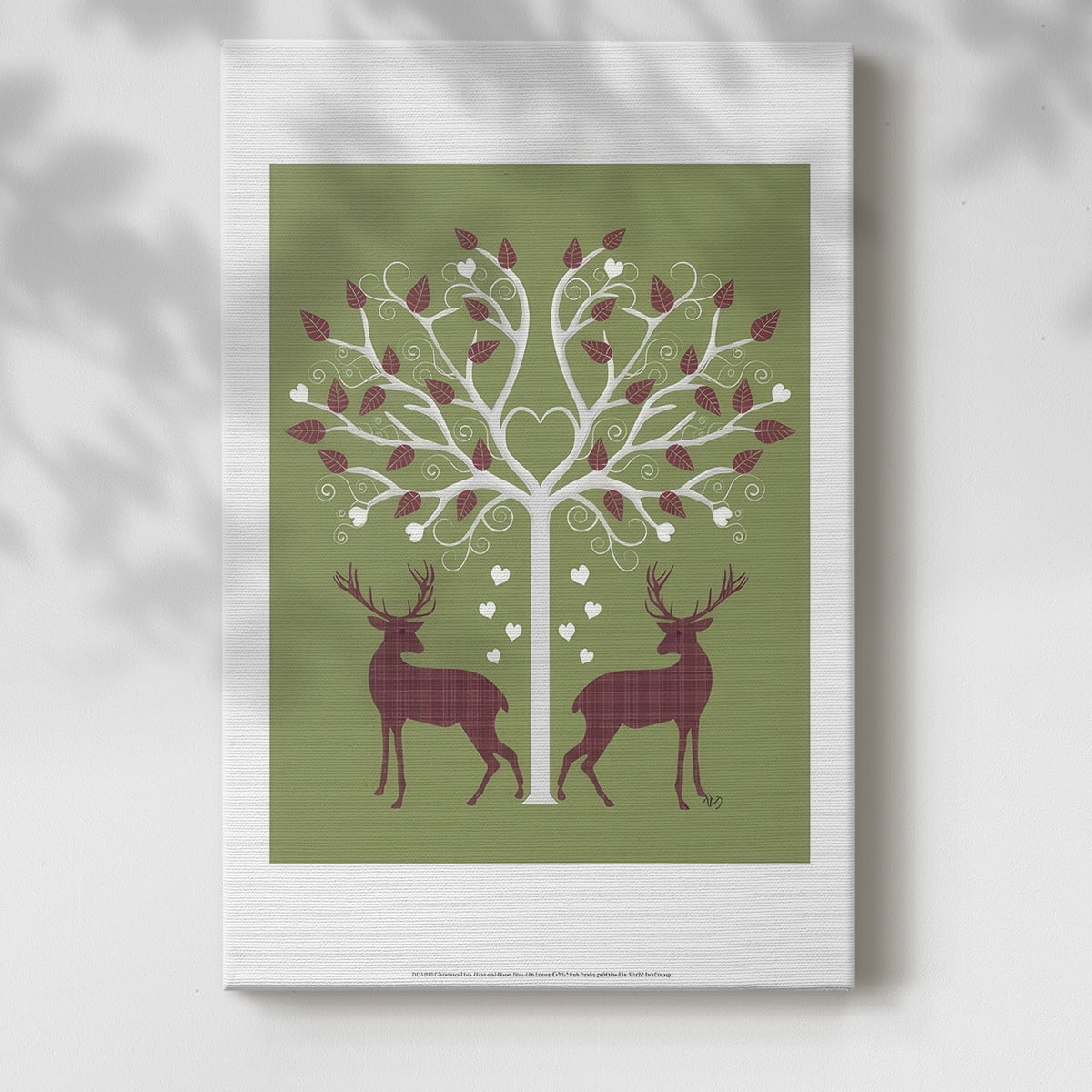 Christmas Des - Deer and Heart Tree, Pink On Green- Gallery Wrapped Canvas