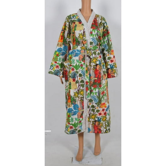 White Frida khalo kantha jacket, Indian handmade japanese kimono style kantha robe, Winter jacket, tie belt coat