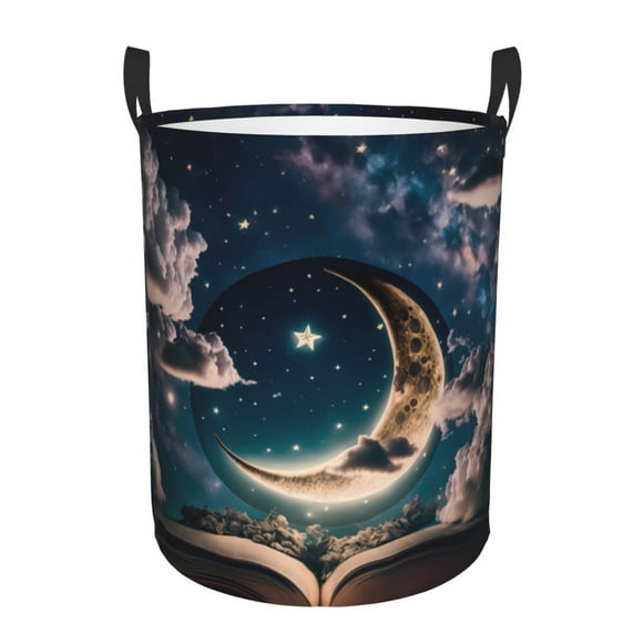 Kdxio Artistic Starry Sky Moon Book Print Large Laundry Basket Waterproof Round Cotton Linen Collapsible Storage bin with Handles for Hamper Kids Room,Toy Storage-Medium