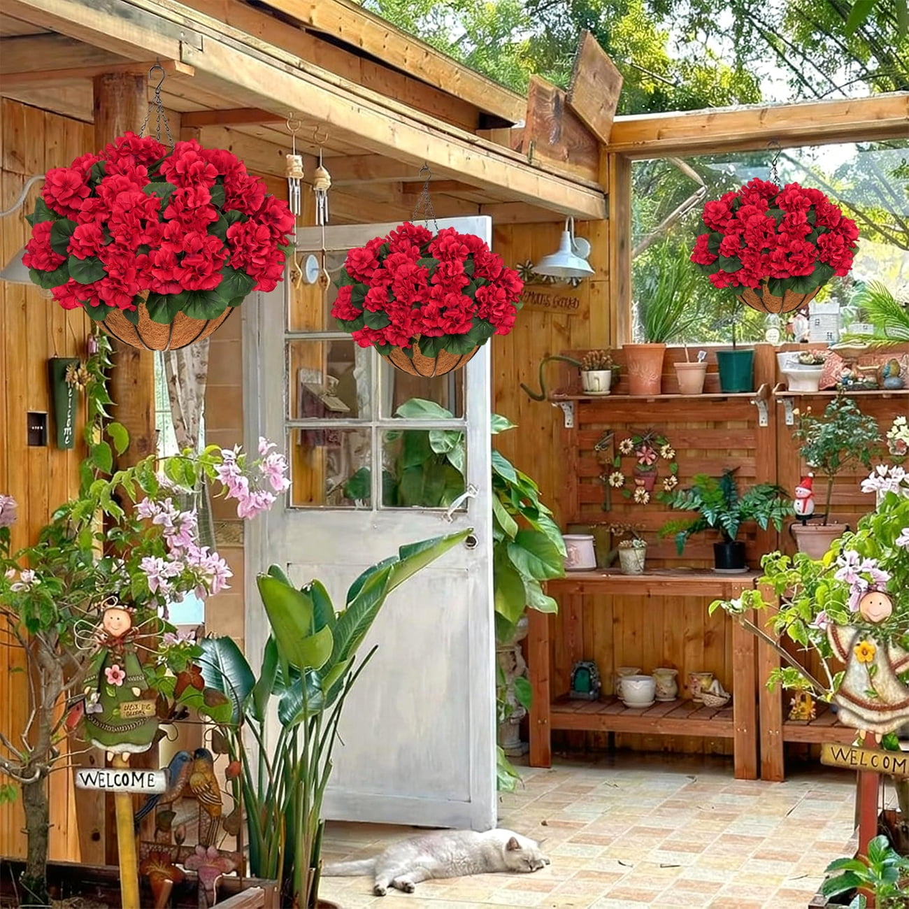 2 Sets of Outdoor Artificial Geranium Flowers with Hanging Baskets, 12Pcs of Red Geranium Fake Flowers, Christmas Front Porch Garden Terrace Home Decoration (2, Red)