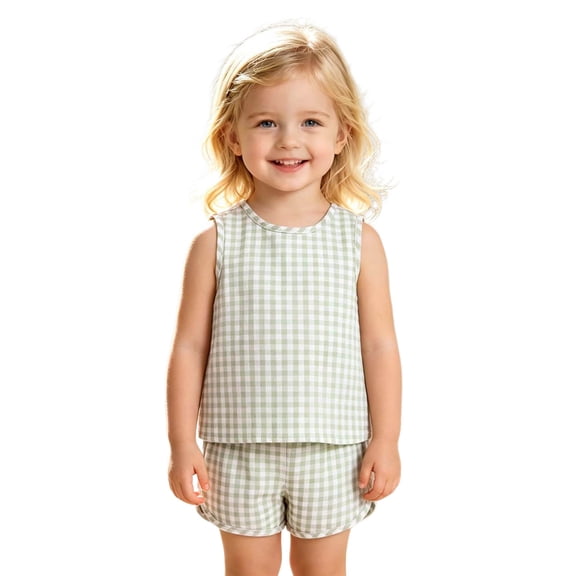 FINALGANG Girls Kids Summer Casual Two Piece Outfit With Round Neck Sleeveless Gingham Checkered Top Elastic Waist Shorts For Toddler Daily Play Wear Soft Set