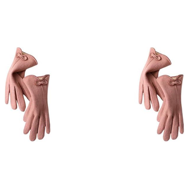 Jumpingount Guantes de Cachemira con pantalla táctil para mujer, moda con lazo, dedos completos, mitones para otoño e invierno, calentador de Rosado 2piezas