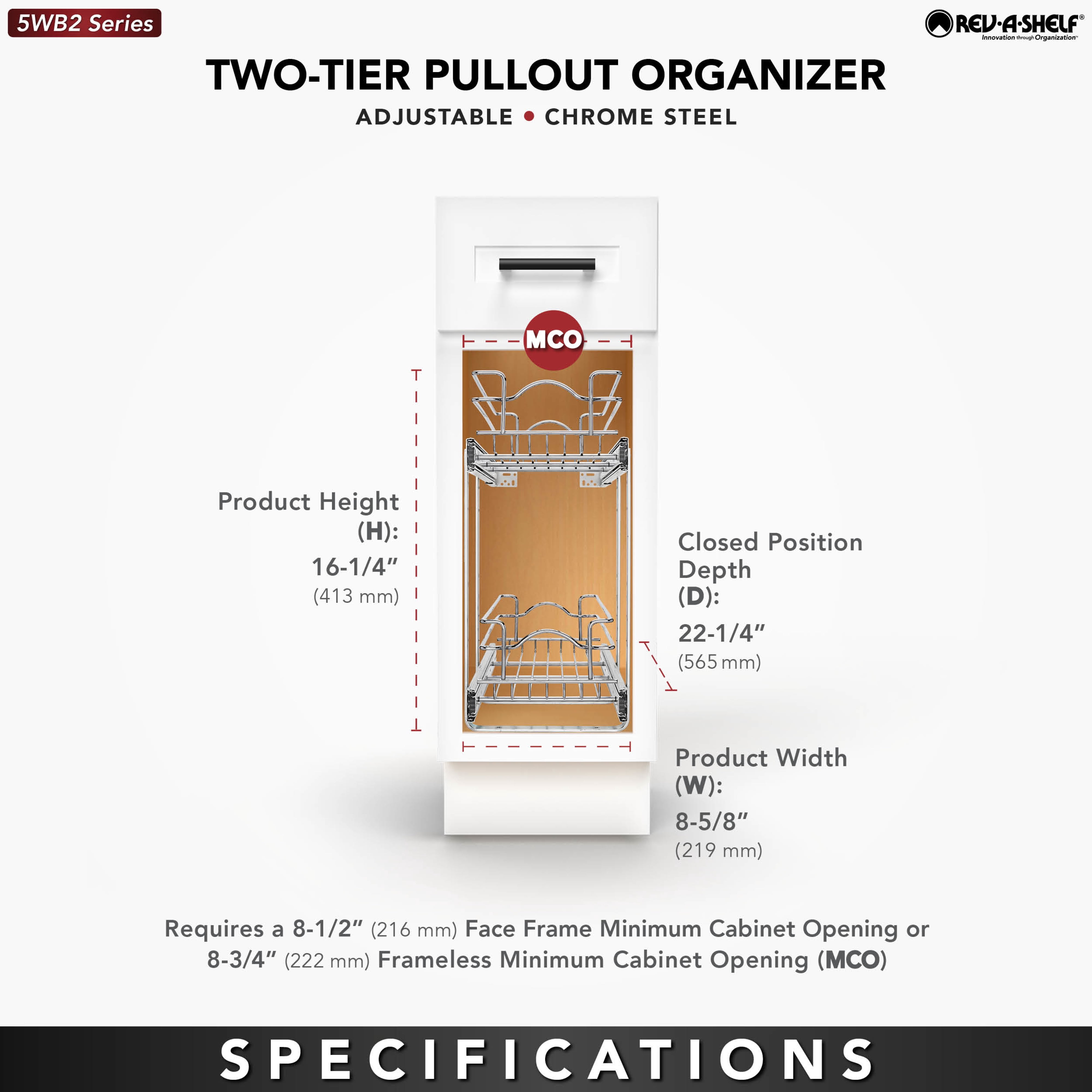 Rev-A-Shelf 5WB2-0922CR-1 9 x 22 In 2-Tier Wire Pullout Cabinet Drawer Basket