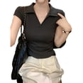thumbnail image 3 of XPMWRP Women's Short Sleeve Shirt Collared V Neck Slim Fitted Tight Casual Tees Ruched Going Out Tops Fashion Clothes Dark Gray L, 3 of 6