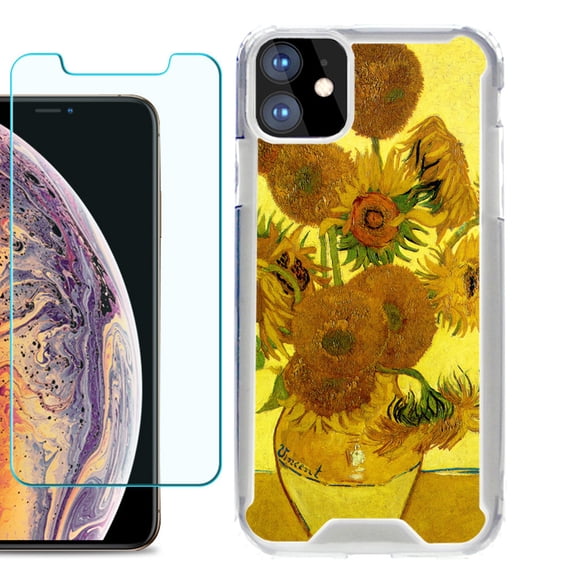 For Apple iPhone 11 Case, Hybrid Bumper Phone Case, with Tempered Glass Screen Protector, by OneToughShield ® - Sunflower