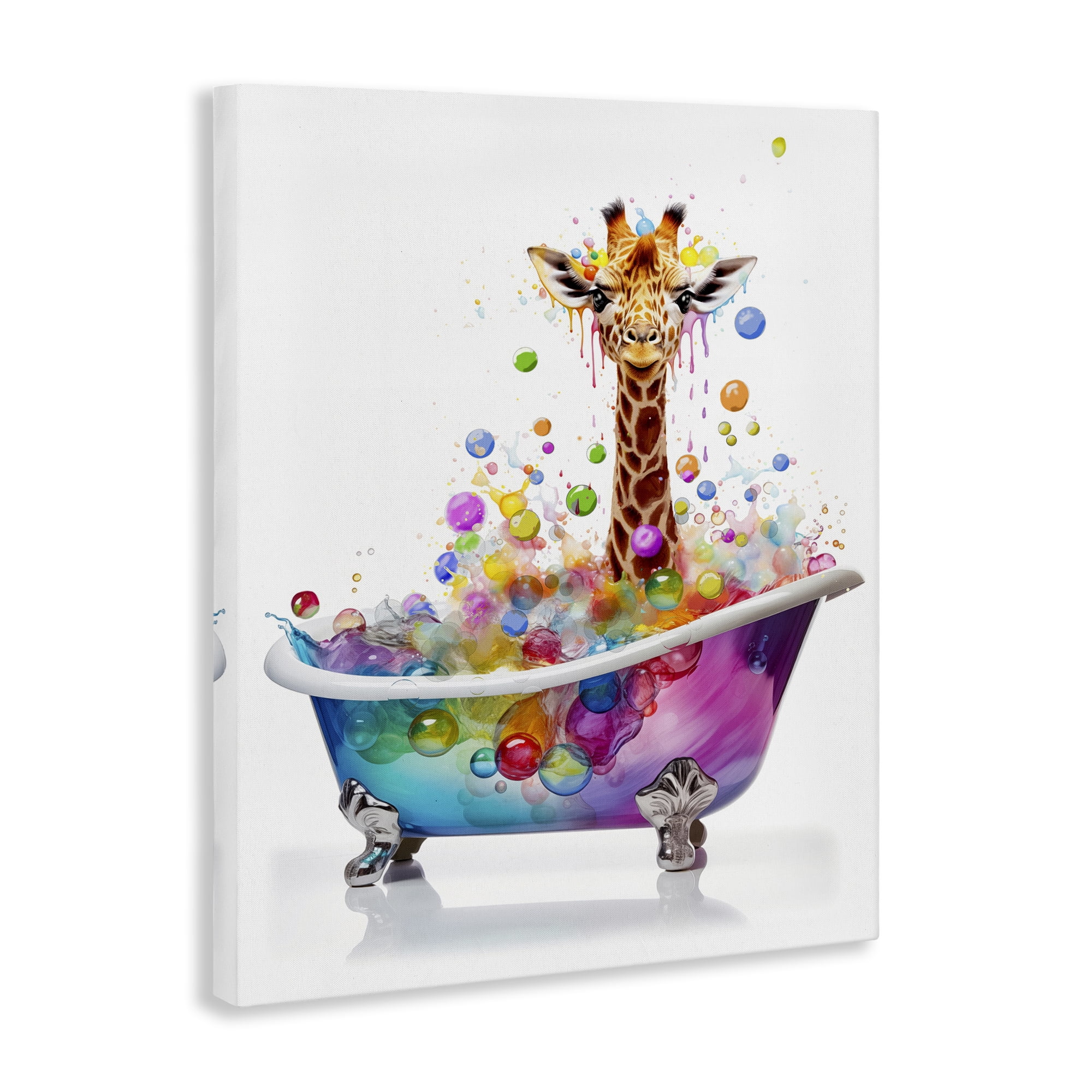 Stupell Industries Rainbow Bubble Bath Giraffe Bath & Laundry Painting Wrapped Canvas Art Print Wall Art, 36 x 48