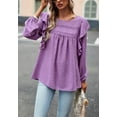 thumbnail image 5 of Solid Round Neck Ruffle Shoulder Crochet Detail Blouse for Women Purple Medium, 5 of 5