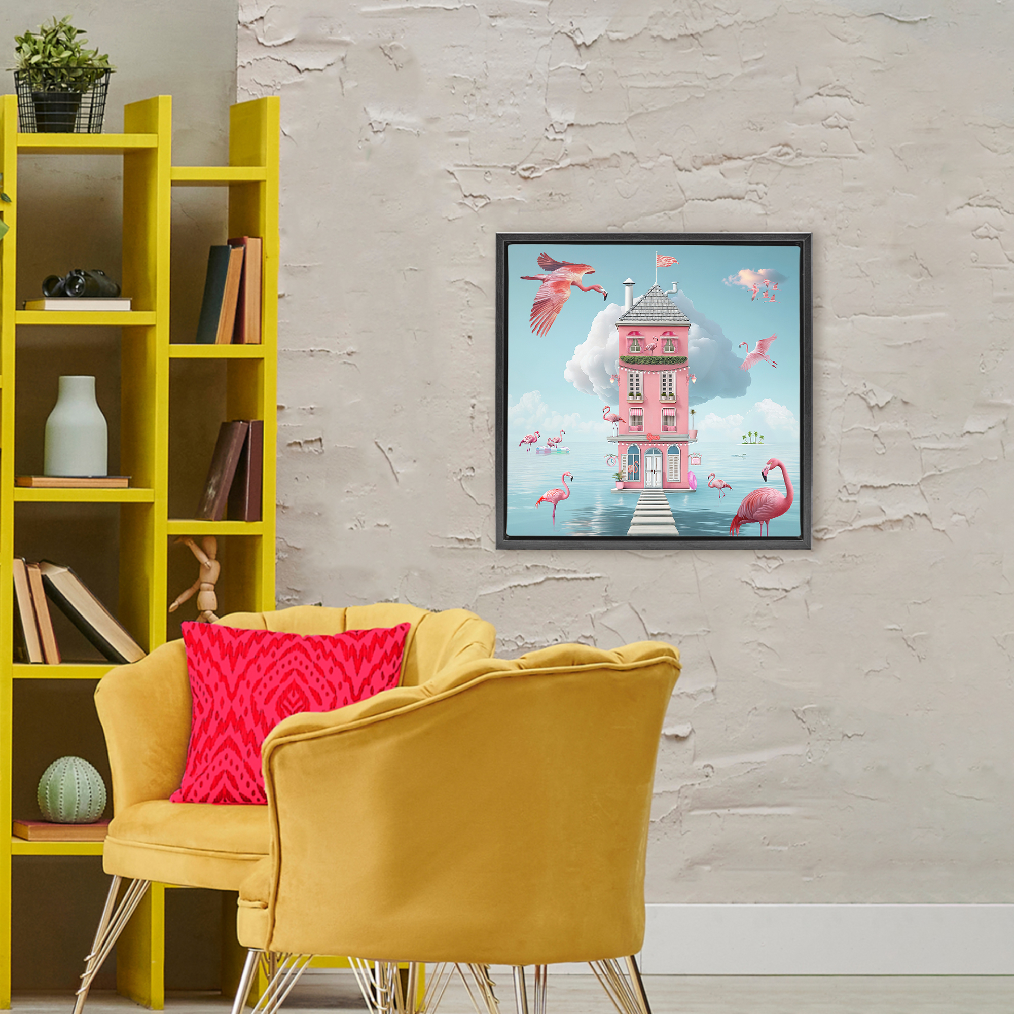 Flamingo Hotel on Water Black Framed Floater Canvas Wall Art, design by Lori Lea Studios