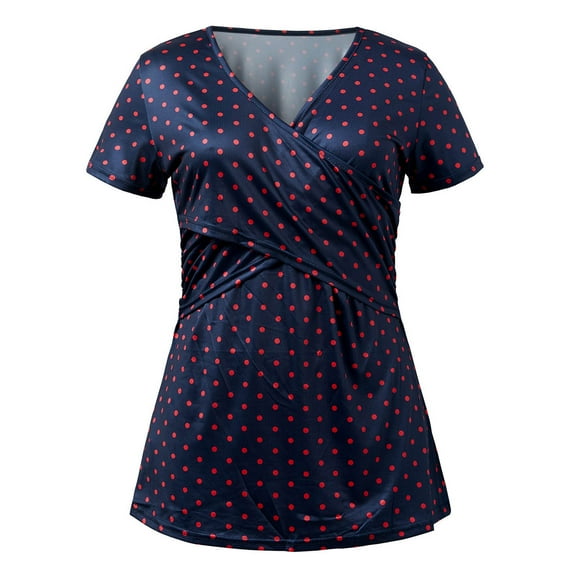 AJTQTH Women Plus Size Maternity Tops Deep V-Neck Stylish Polka Dots Tunic Tees Breastfeeding Pregnancy Clothes Casual Outfits Navy M