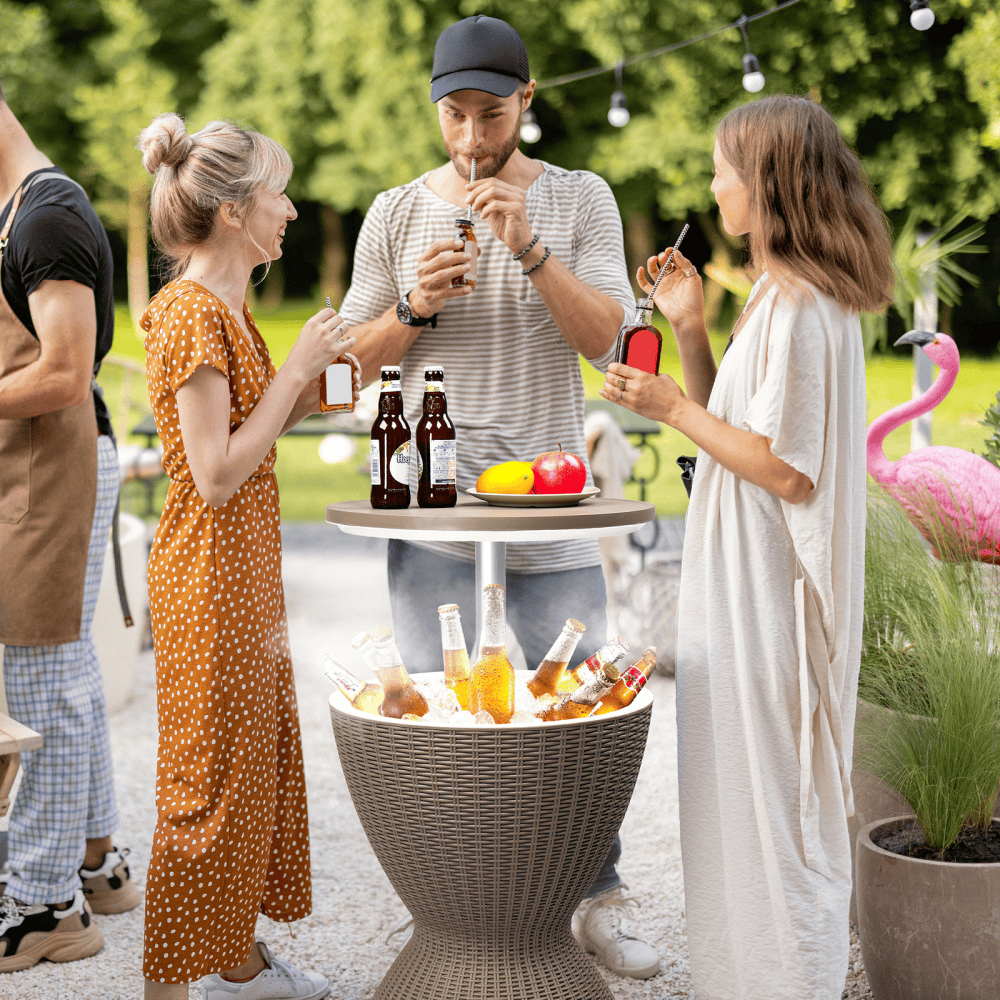 Tcbosik Cool Bar Table, Height-Adjustable Outdoor Side Table with 8 Gallon Beer and Wine Cooler, Cocktail Table for Deck Poolside, Backyard, Gray & Brown