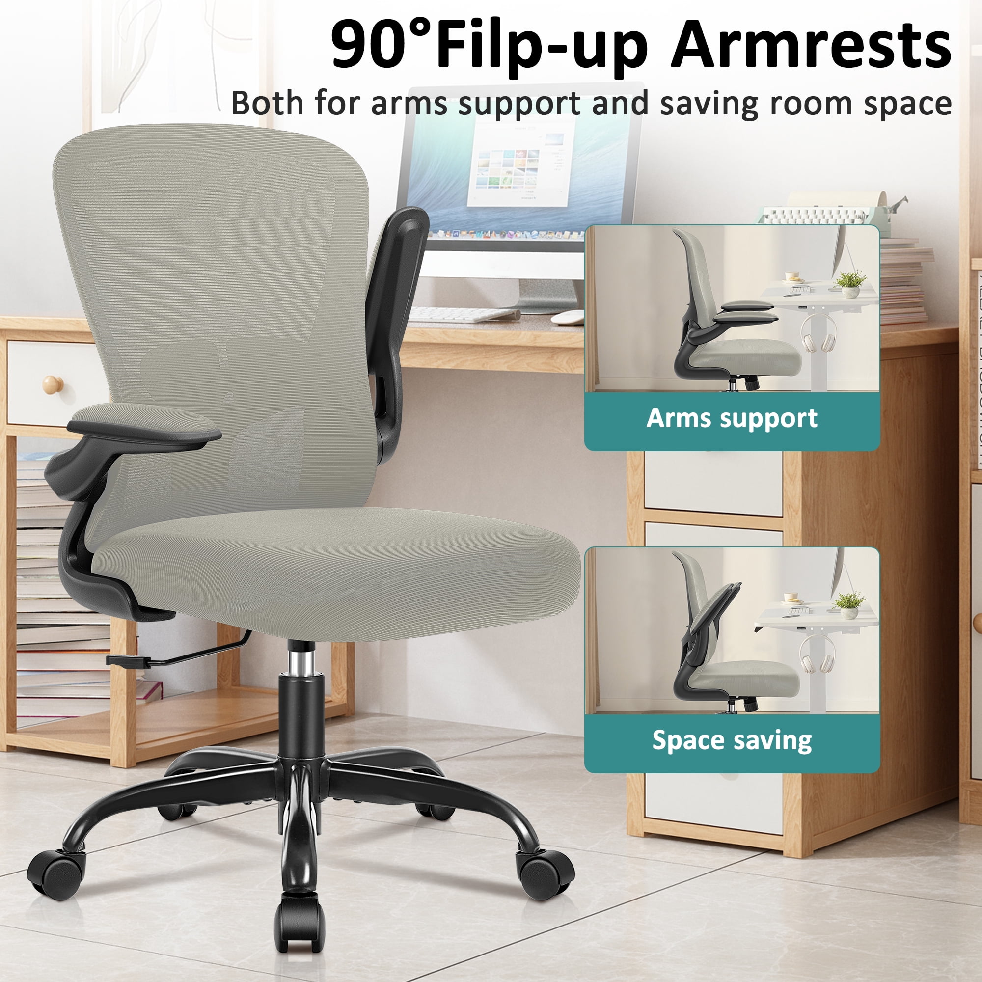 COOLHUT Office Chair, Ergonomic Desk Chair with Adjustable Lumbar Support, High Back Mesh Computer Chair with Flip-up Armrests-BIFMA Passed Task Chairs, Executive Chair for Home Office，Gray