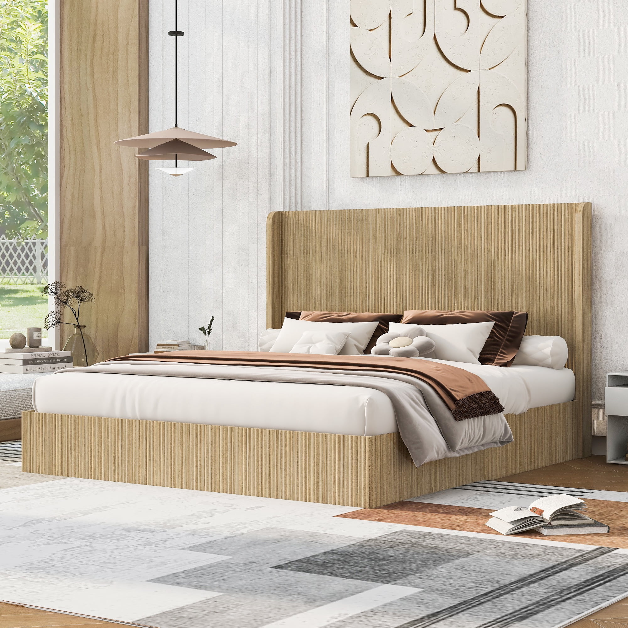 Mintazer King Size Vertical Fluted Platform Bed with Tall Wing Headboard, Low Profile Platform for Bedroom & Guest Room, No Box Spring Needed, Natural