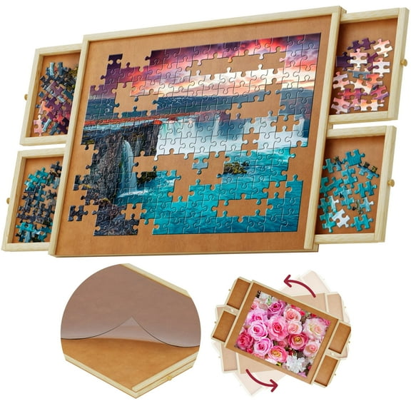1000-Piece Wooden Jigsaw Puzzle Board - Rotating Table, 30” x 22” 4 Drawers & Cover for Adults