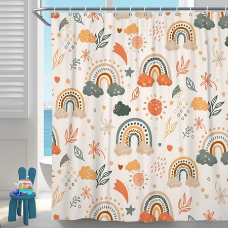Kids Boho Rainbow Shower Curtain Colorful Floral Leaves Fabric Waterproof Bathroom Curtain ,72x72in