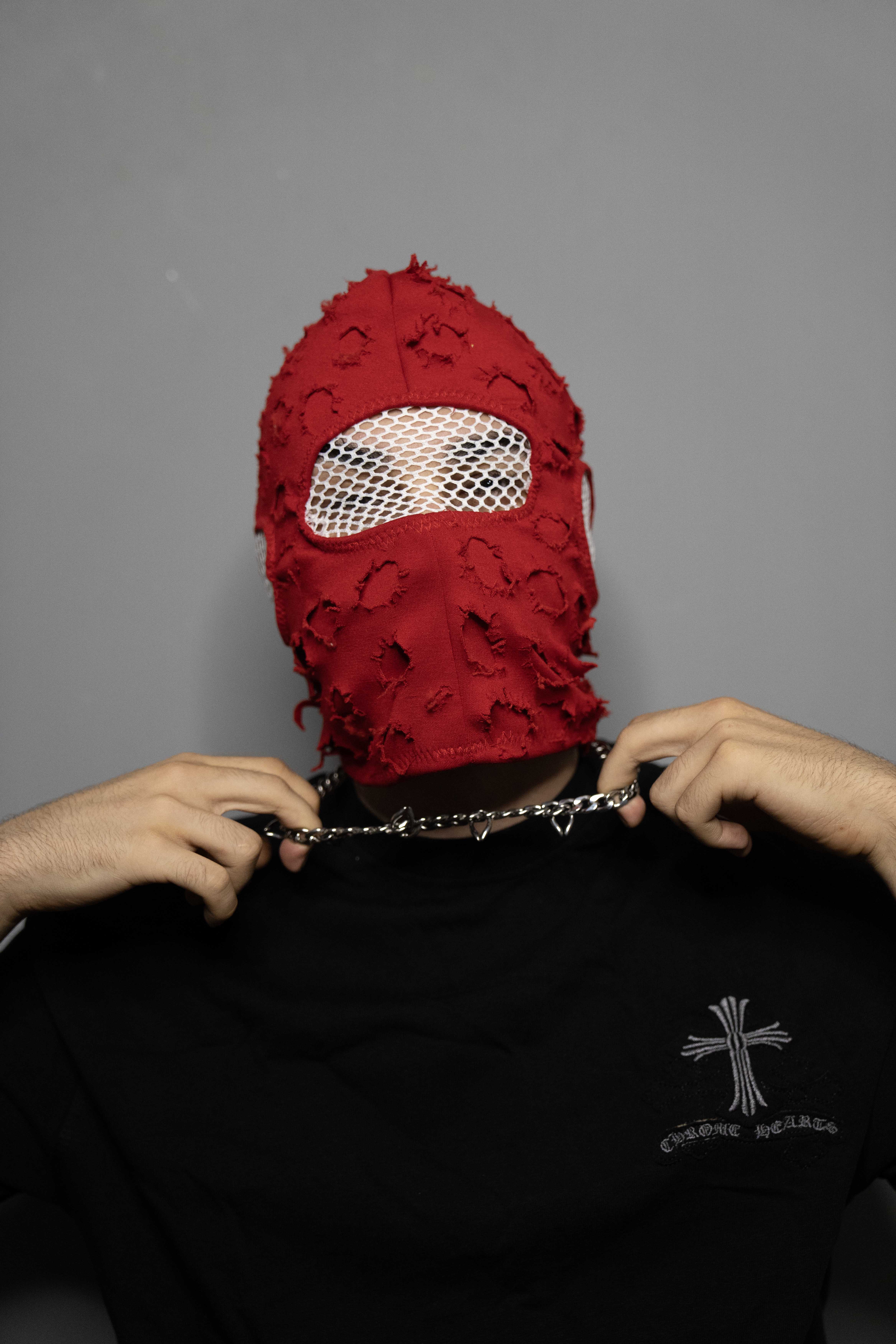 Ski mask and balaclava Red Charm Premium Double Layered Mask Round Frayed Edges, White Mesh Details Ideal for Motorcycle Riding, Skiing, Nightclub Wear."