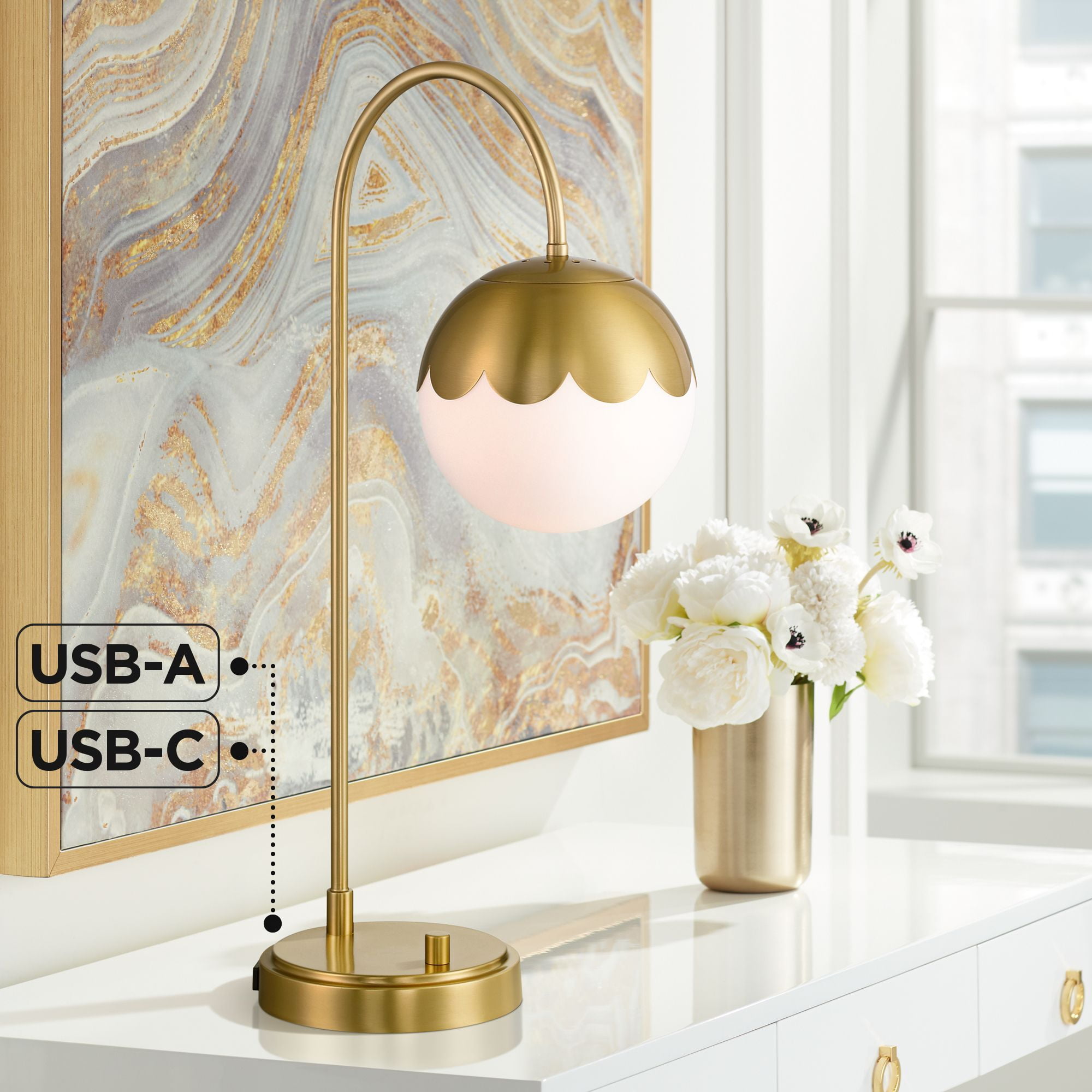 360 Lighting Kelowna 25" High Modern Desk Lamp USB Port AC Power Outlet Gold Antique Brass Finish Metal White Globe Shade Charging