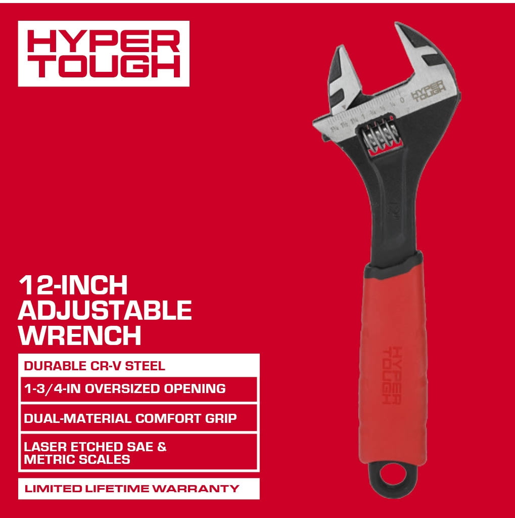 Hyper Tough 12-inch Wide Jaw Adjustable Wrench, Dual Material Comfort Grips
