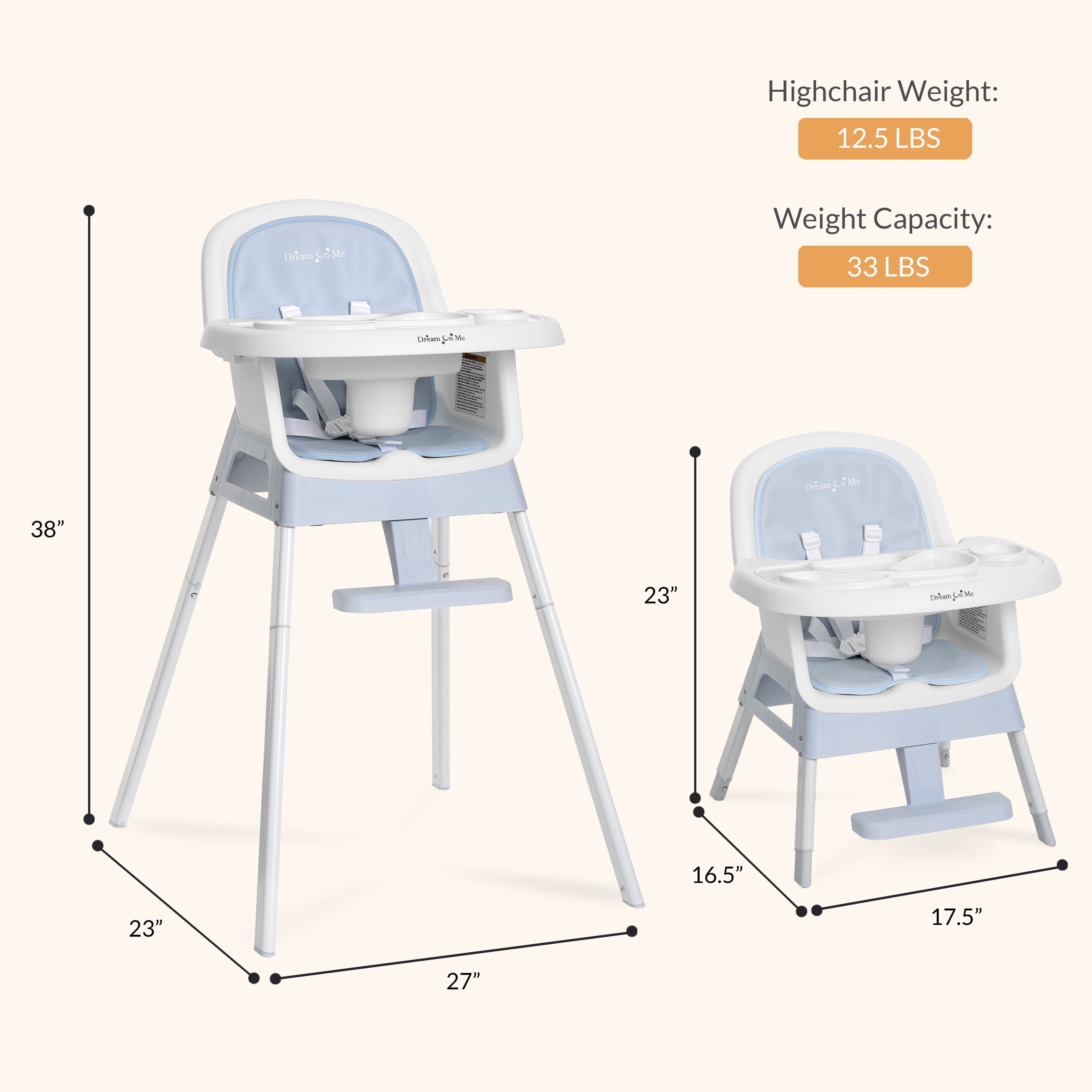 Dream On Me Lightweight & Convertible Curio Sit N Seek High Chair, Sky Blue