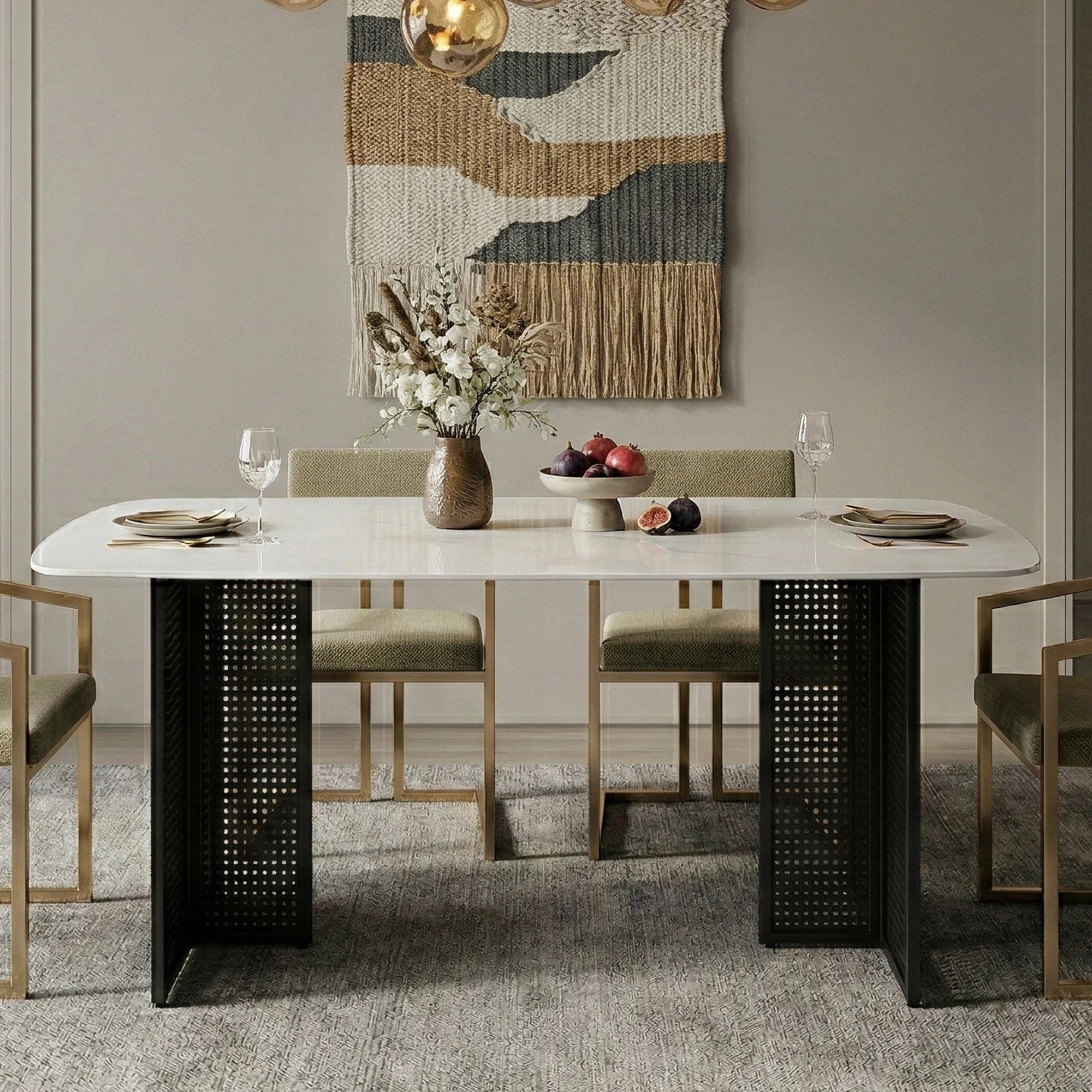 Euroco 51.2inch Glass Dining Table for 6,Rectangular Kitchen Table with Marble-Patterned Design and Metal Legs for Kitchen Living Room,White