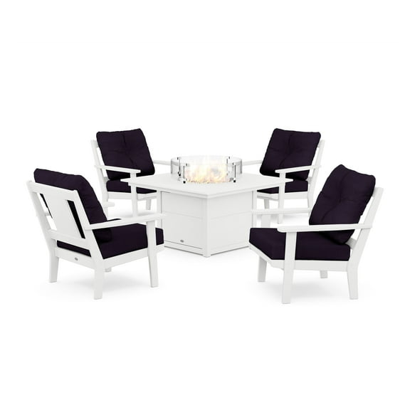 POLYWOOD® Prairie 5-Piece Deep Seating Set with Fire Pit Table in White / Navy Linen
