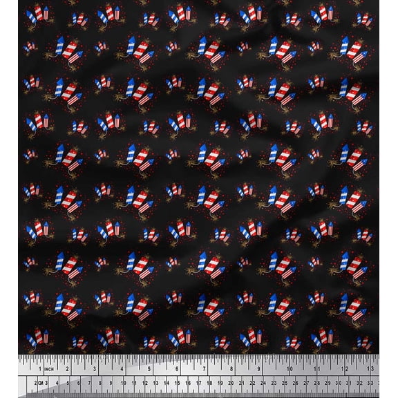 Soimoi Black Georgette Viscose Fabric Star,Rocket & Shots Crackers Party Printed Fabric 1 Yard 42 Inch Wide