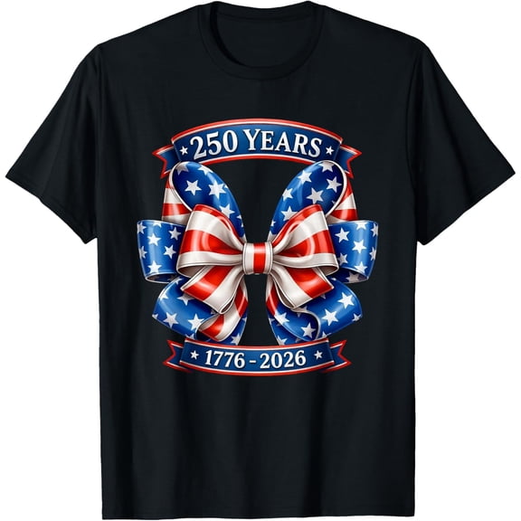 250th Anniversary USA Flag Ribbon Ladies Bow 250 Year Women T-Shirt- Classic Unisex 100% Cotton Crew Neck T-Shirt Breathable Casual Everyday Wear Affordable