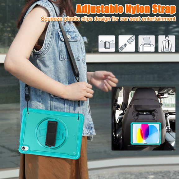 Allytech Shockproof Case for Apple iPad 9th 8th 7th Gen, iPad 10.2" Case, 360 Rotating Stand Translucent Back Cover Shockproof Adjustable Shoulder Strap Kids Friendly with Pencil Holder - Blue