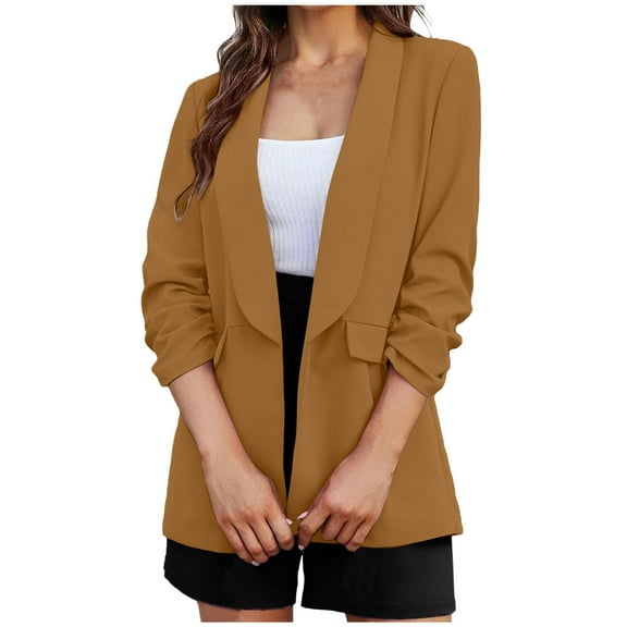 Herrnalise Jackets For Women Fashion Solid Color 7/4 Cuff Fold Buckle Free Suit Coat Long Sleeve Hatless Casual Coat/Jacket Shackets For Women 2024 fall Khaki,S