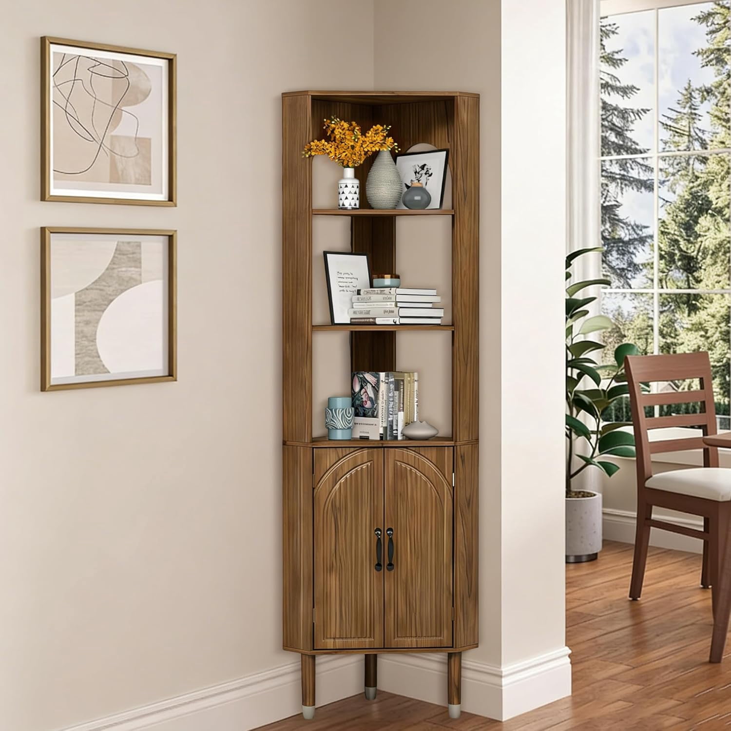 72.3'' Tall Corner Cabinet with Doors & Shelves for Living Room, Bathroom, Kitchen, Walnut