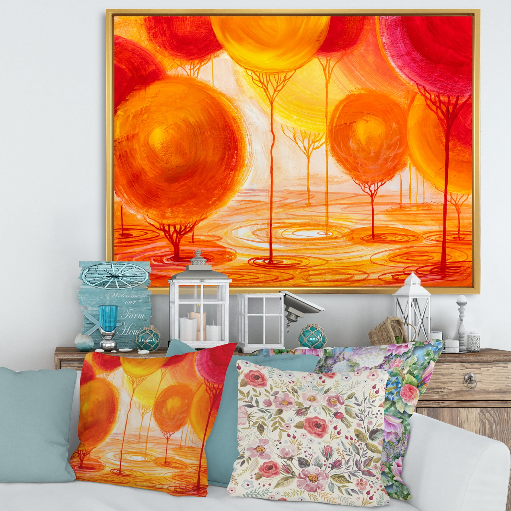 Designart 'Ornamental Colourful Trees II' Modern Framed Canvas Wall Art Print