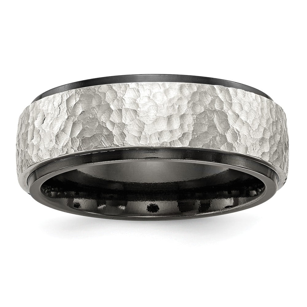 Roy Rose Jewelry Edward Mirell Jewelry Collection Black Titanium Argentinium Sterling Silver Hammered 8mm Band Ring Size 10.5