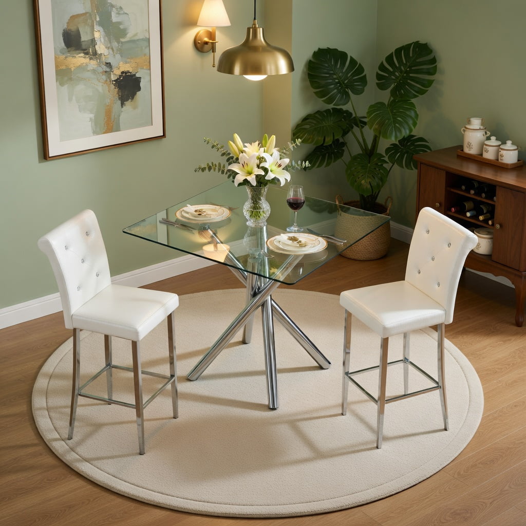 Hommoo Modern 3-Piece Glass Bar Table Set with Chrome X-Base & PU Leather Counter Height Stools, Contemporary Kitchen Island or Home Bar Solution for Small Spaces, White & Sliver