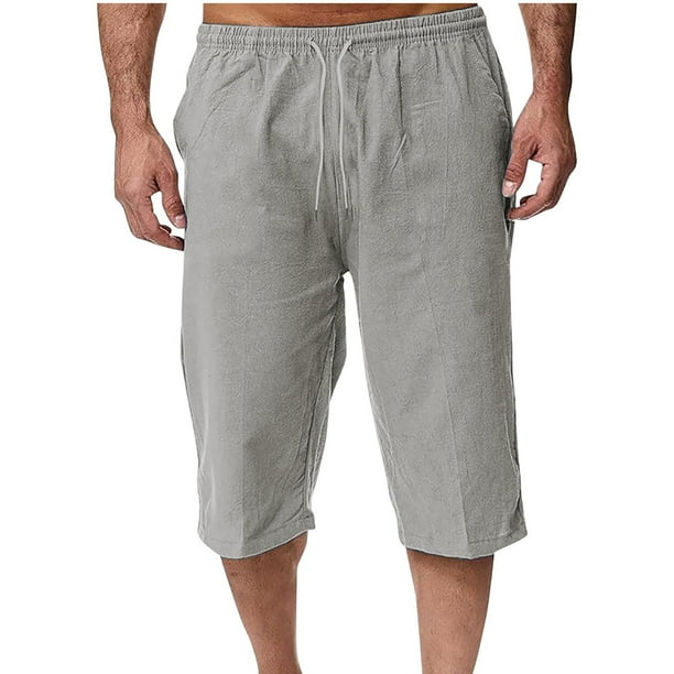 Pantalones de Lino Casual Suelto Cortado, Color Sólido Cordón Mezcla de Algodón para el Uso Diario