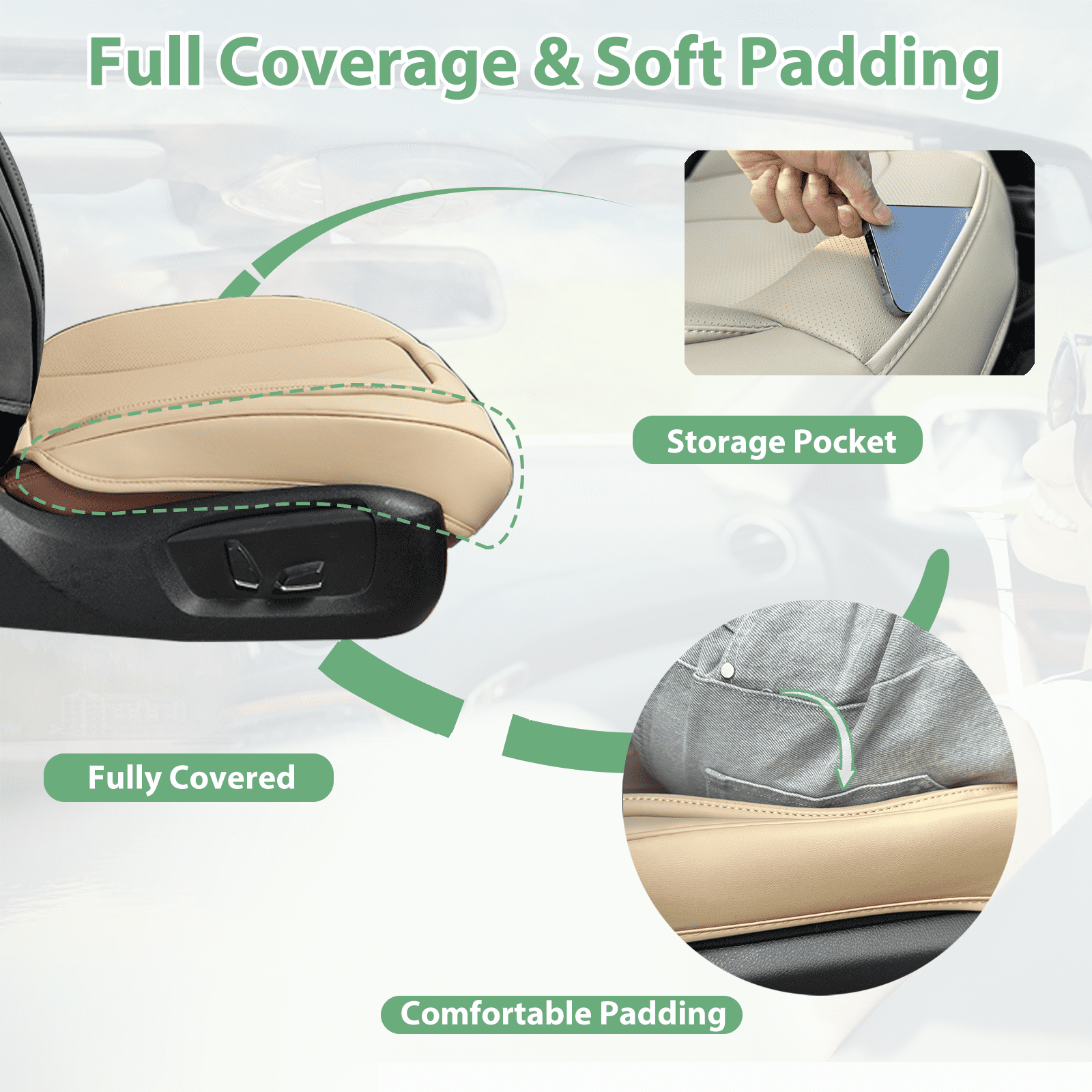 2 Pack Leather Front Car Seat Cover Bottom Only, Anti-Slip Padded Seat Cushion, Full Wrap Seat Protector with Storage Function Universal Fit for Most Cars, SUV, Pick-up Trucks (Beige)