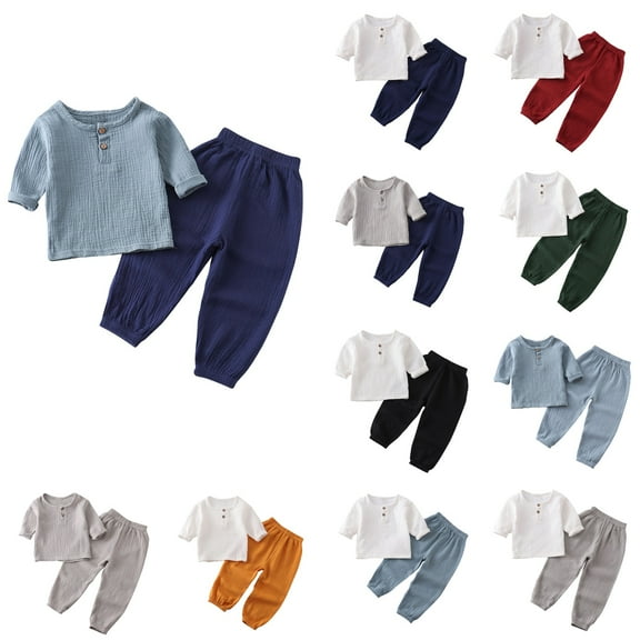 Ahuyic Toddler Kids Casual Fashion Outfits, Spring And Autumns Solid Color Top And Pants Set For Kids, Fashion Girls And Boys Casual Long Sleeve Round Neck Collar Botton Solid Long Pants Sets