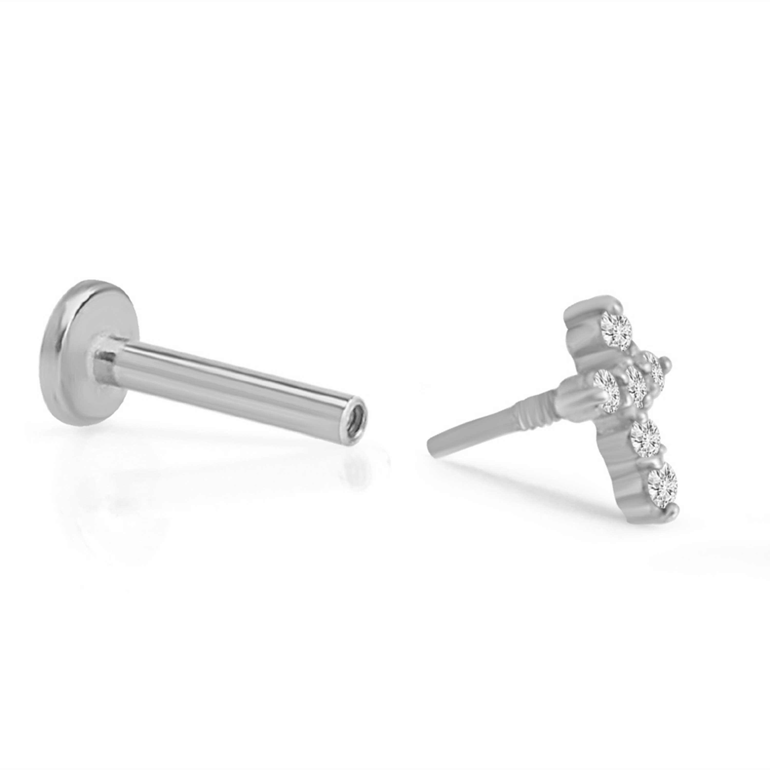 Natural Diamond Cross Cartilage Stud Earrings 14K Solid White Gold