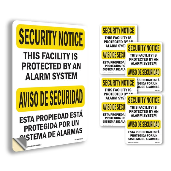 Protected By Alarm Bilingual OSHA Security Notice Vinyl Decal Label 18 Inch x 12 Inch - 5 Pack
