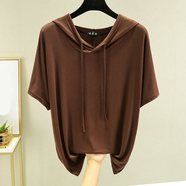 Fiudx Ropa de Mujer Top de Cuello Redondo con Capucha de Manga Corta de Color Sólido Informal y de Moda para Mujer